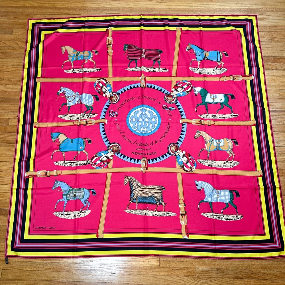 Hermes Silk Horse Motif Scarf in Fuchsia with Blue and Yellow Accents